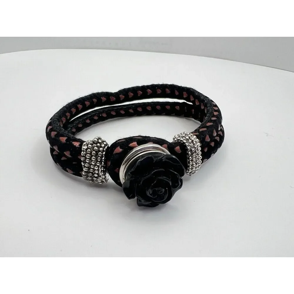 Snap Jewelry Black W Red Leather Bracelet 8
